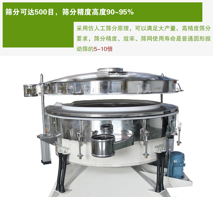 搖擺篩分機(jī)采用仿人工篩分原理，可以滿足大產(chǎn)量、高精度篩分 要求，篩分精度、效率、篩網(wǎng)使用壽命是普通圓形振 動(dòng)篩的5-10倍